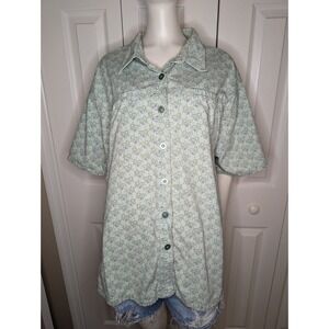 Cherokee Plus Shirt Women's 22W Floral Camp Style Button Short Sleeve Green